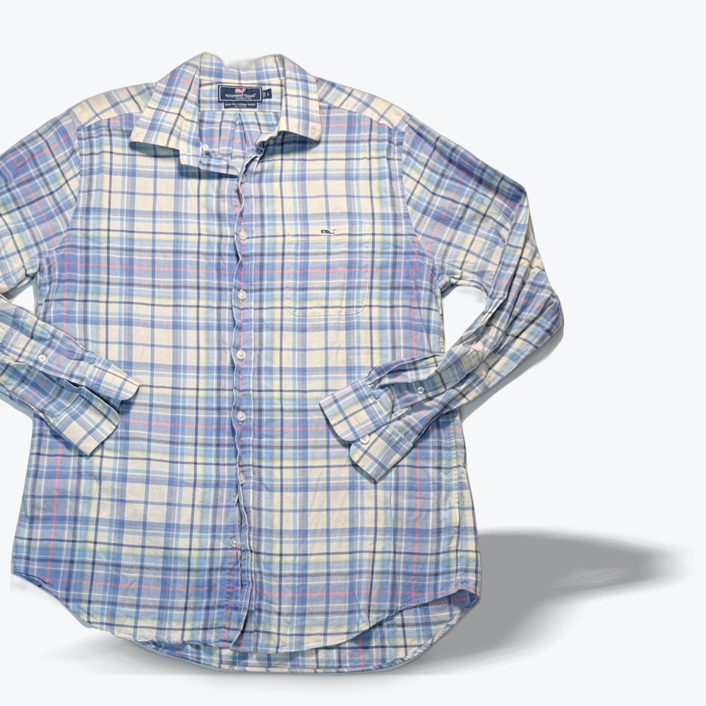 Vineyard Vines Button Down Shirt Plaid Tucker Slim Fit Long Sleeve Blue Large